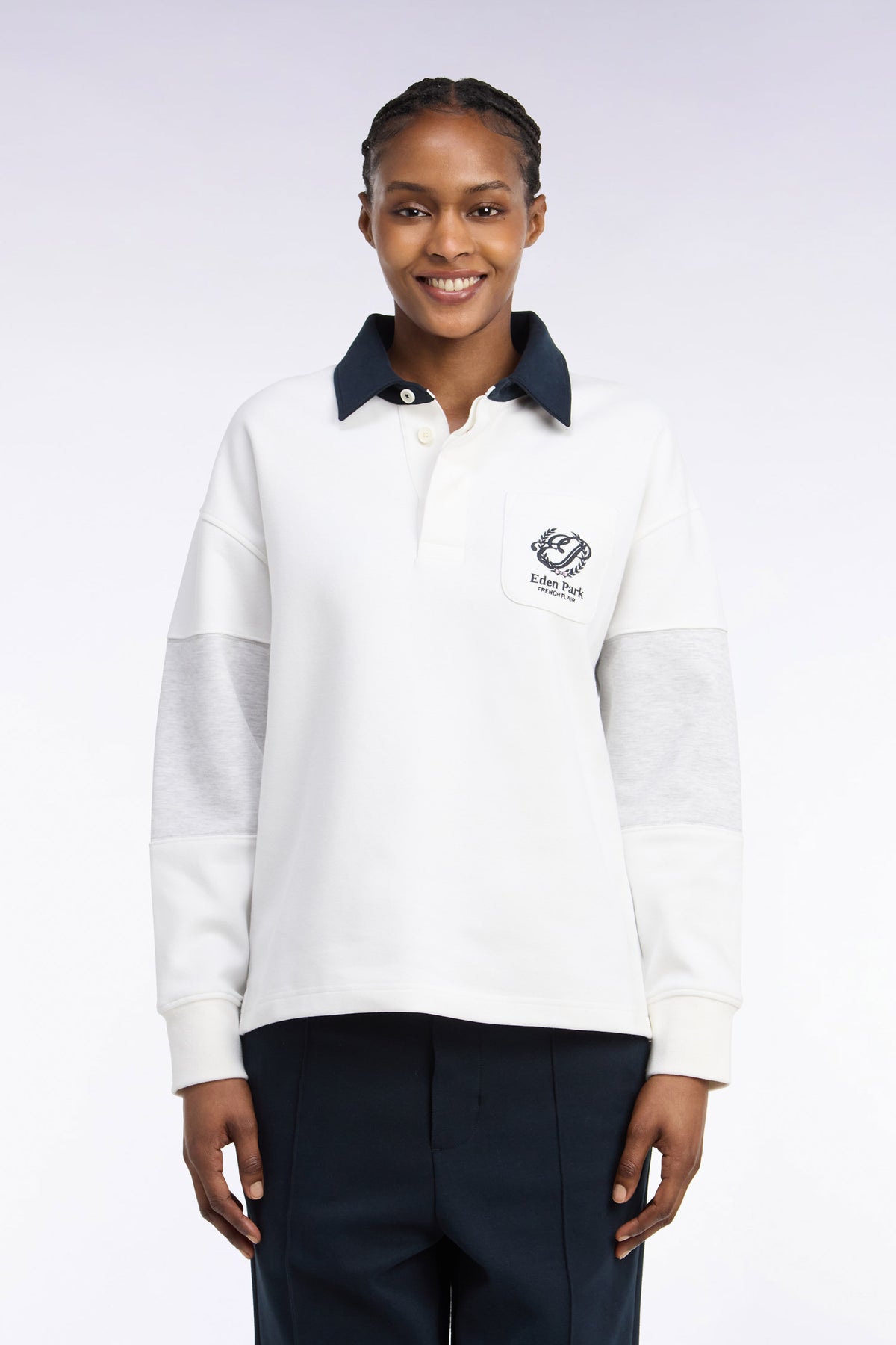 Unisex jersey collar sweatshirt in ecru interlock with heritage embroidery, loose cut