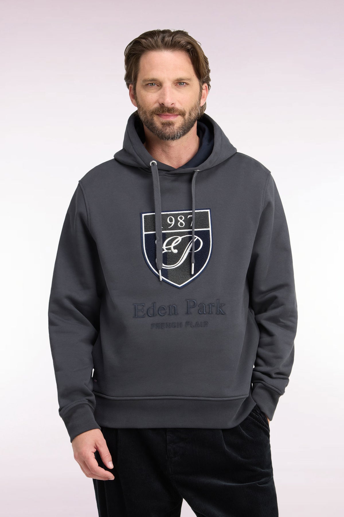 Khaki cotton fleece hooded sweatshirt with heritage embroidery, straight cut