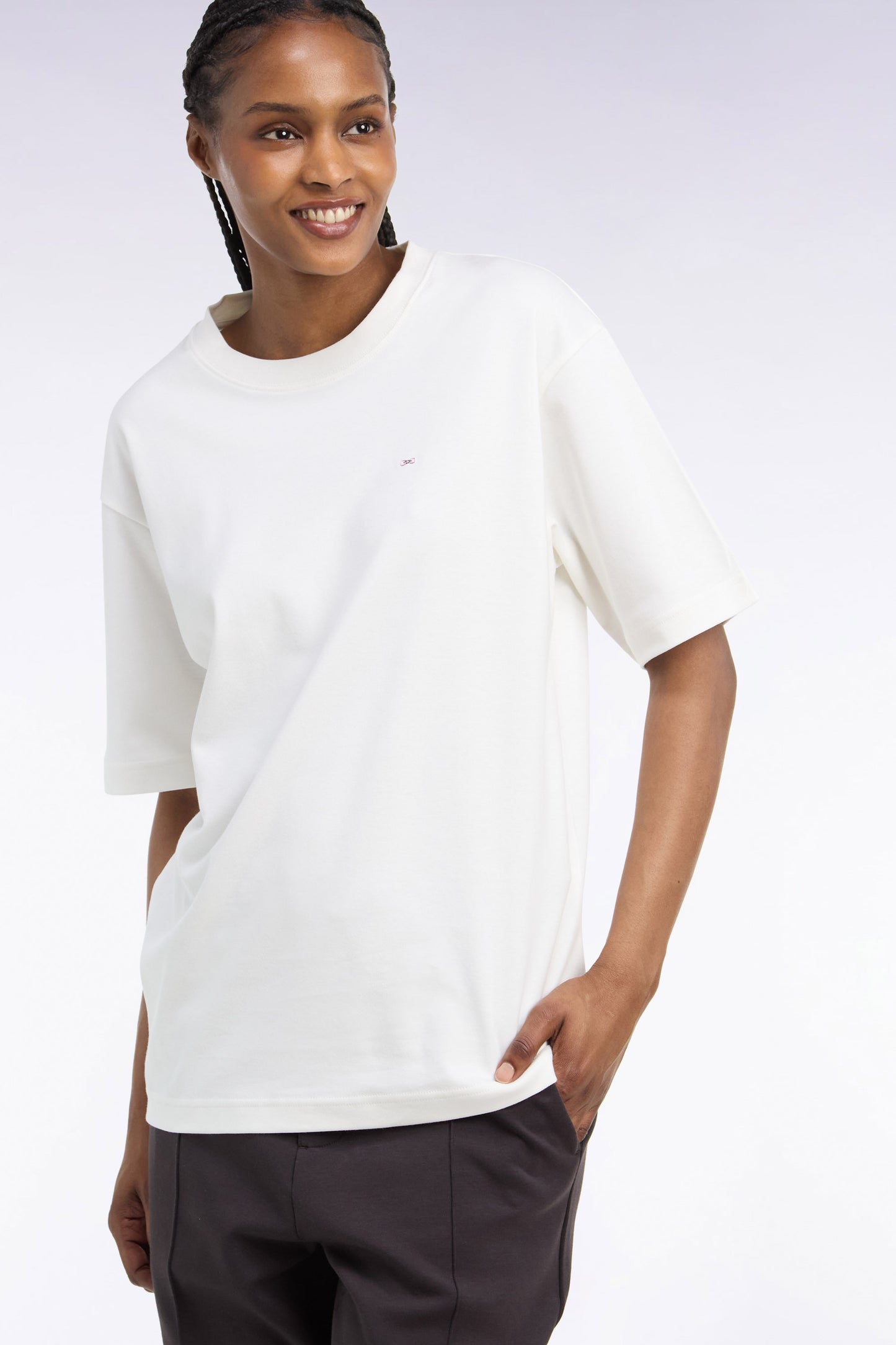 T-shirt col rond unisexe à manches courtes en coton mercerisé écru coupe loose