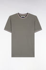 Short-sleeved olive green cotton T-shirt with striped ribbed straight cut