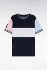Short-sleeved navy cotton T-shirt with contrasting cutouts, straight cut
