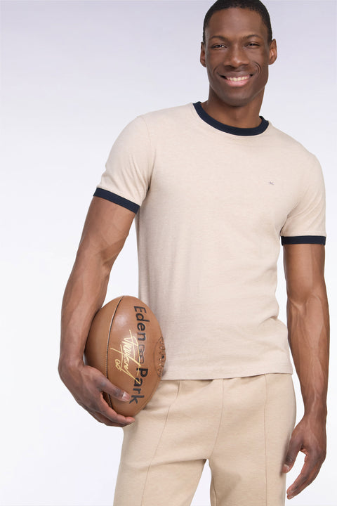 T-shirt manches courtes en coton beige bords-côtes marine coupe droite - Image 1