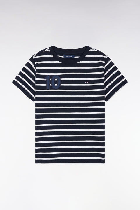 T-shirt manches courtes rayé en coton marine et blanc coupe droite - Image 1