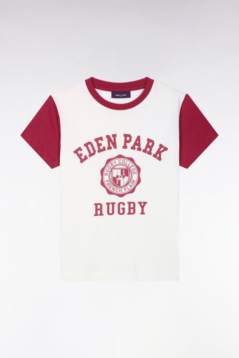 T-shirt manches courtes en coton écru sérigraphie rugby rouge coupe droite - Image 1