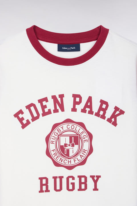 T-shirt manches courtes en coton écru sérigraphie rugby rouge coupe droite - Image 2