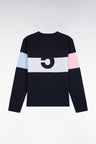 Long-sleeved navy cotton T-shirt with straight cut cutouts