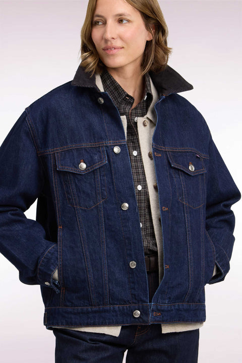 Blouson en denim brut à col velours coupe oversized - Image 1