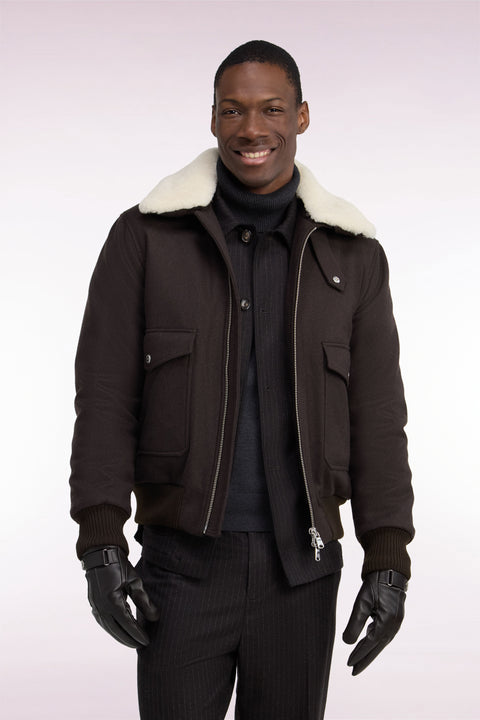 Brown knit jacket with shearling collar - Image 3