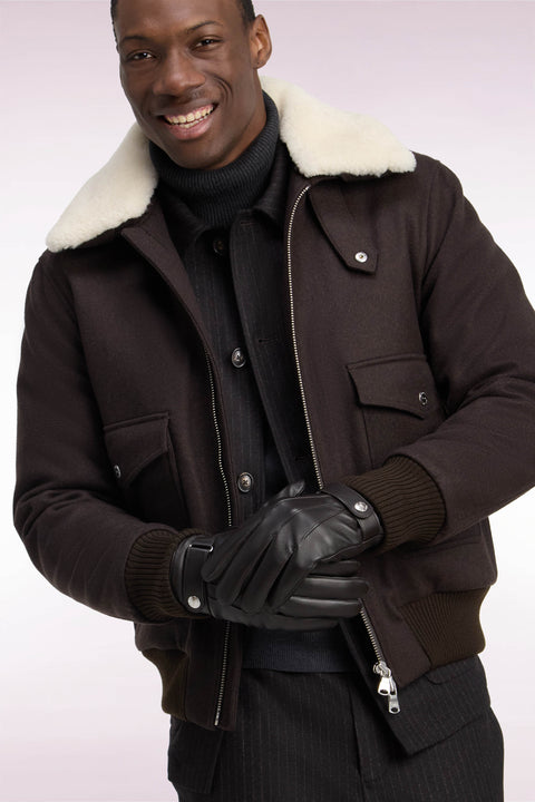 Brown knit jacket with shearling collar - Image 1