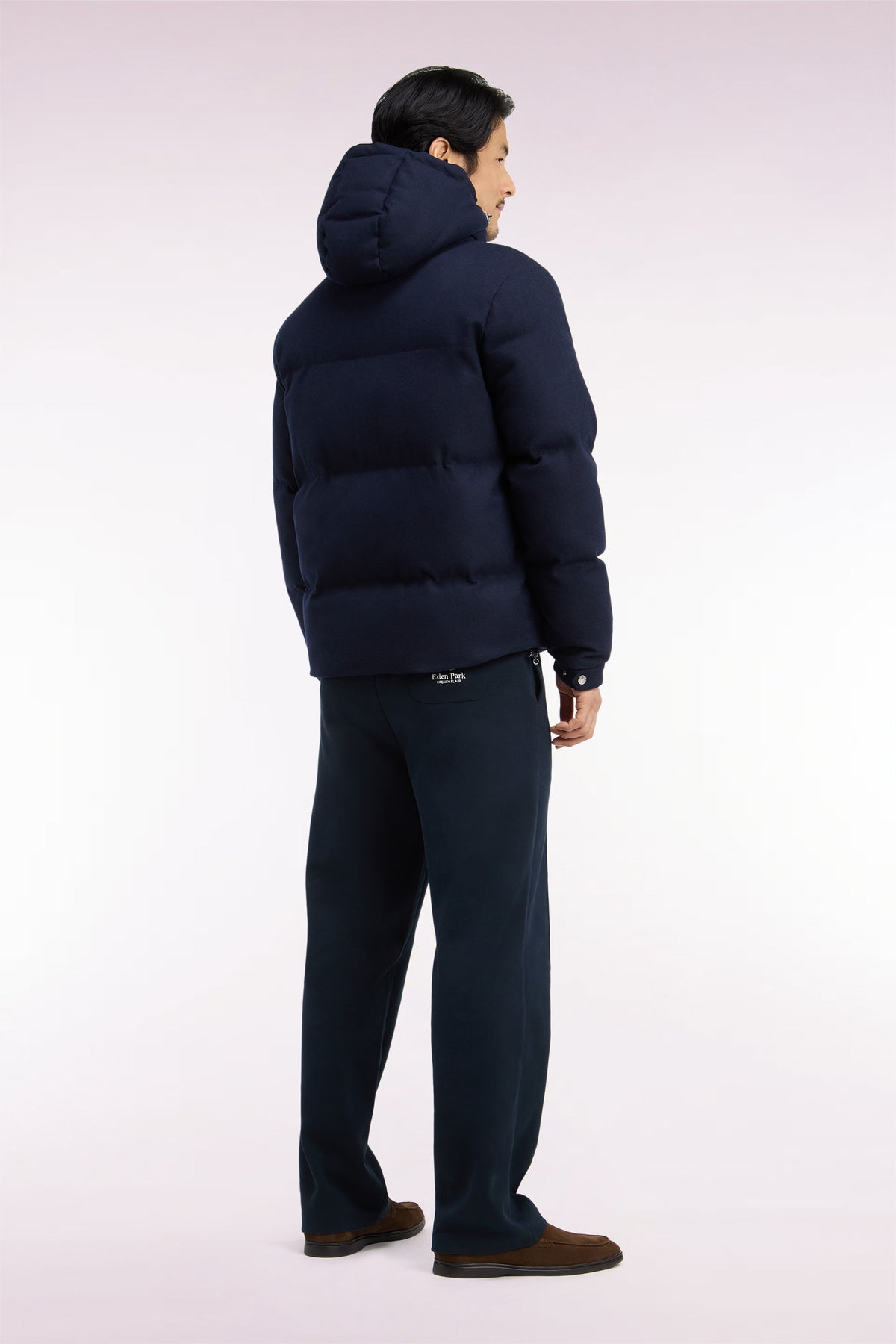 Navy flannel down jacket with removable hood