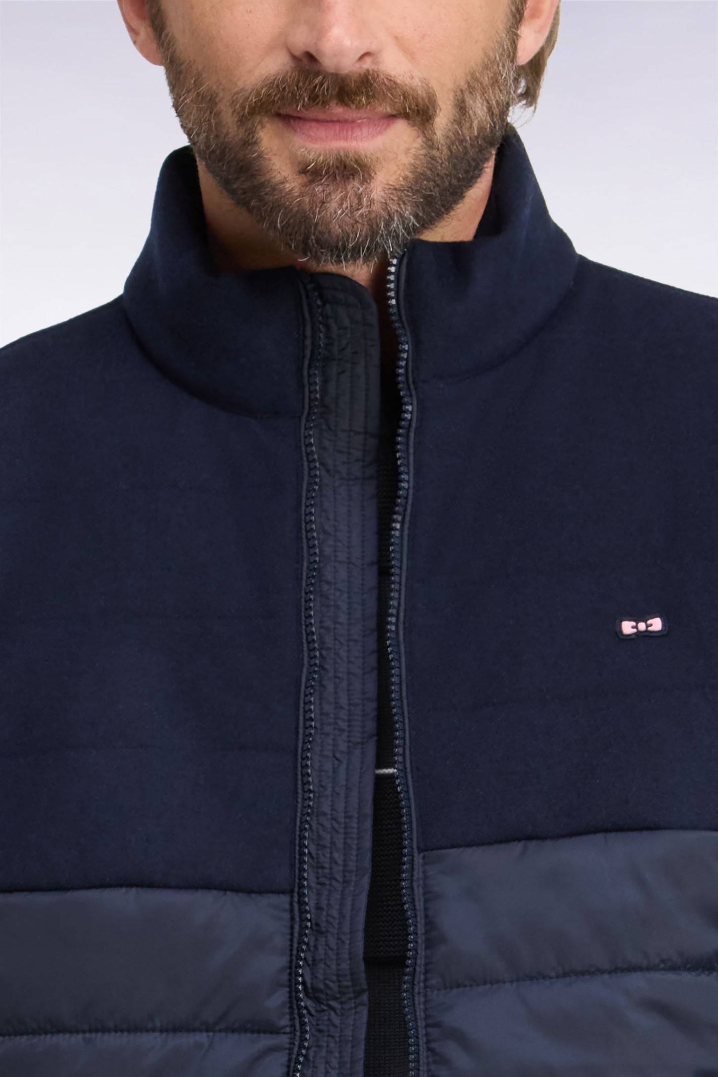 Doudoune bimatière en nylon et flanelle marine