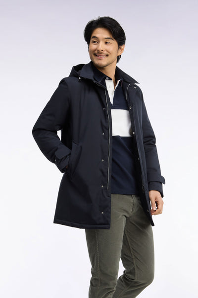 Black nylon raincoat with removable hood
