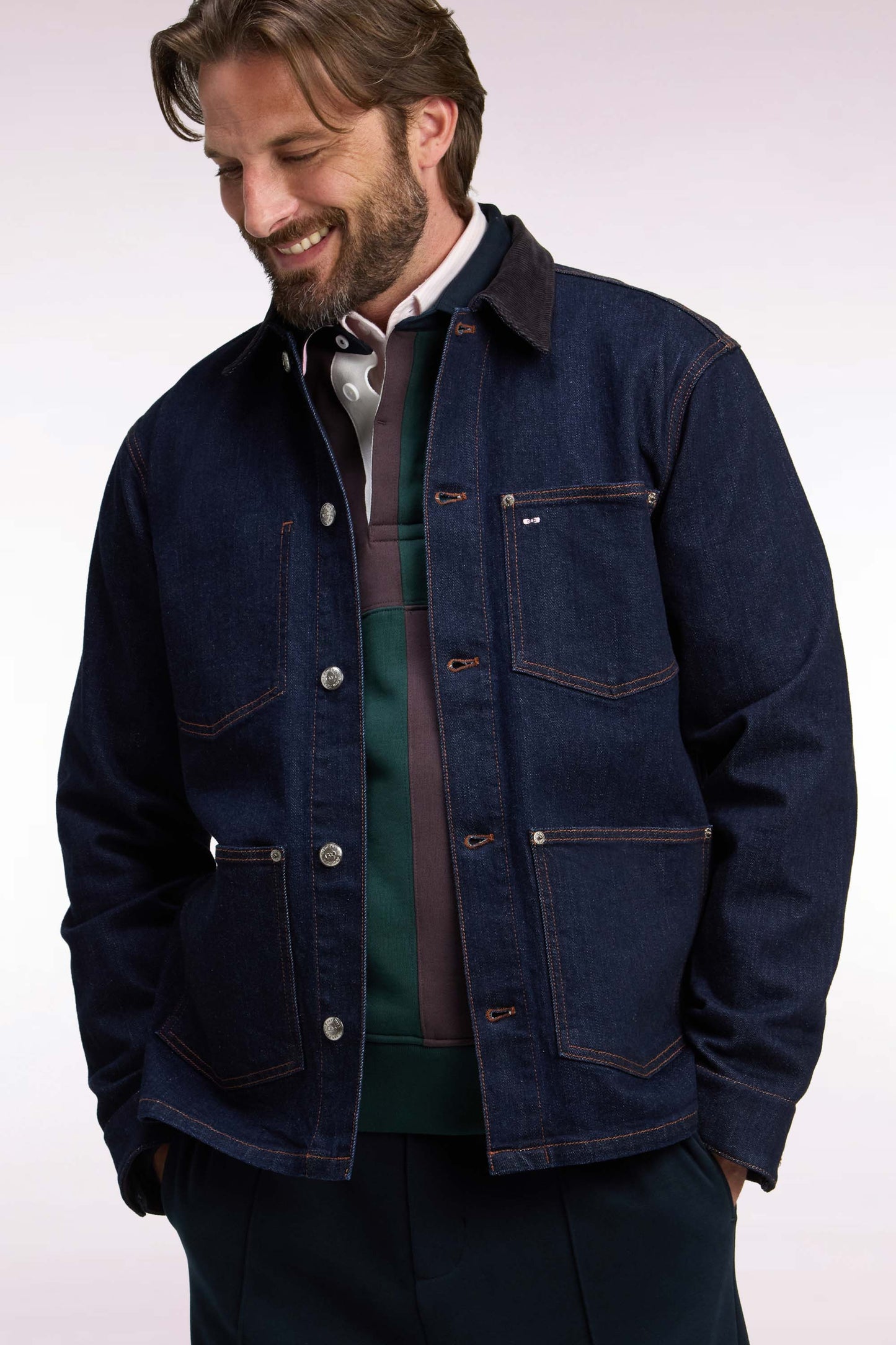 Surchemise en denim brut col en velours côtelé