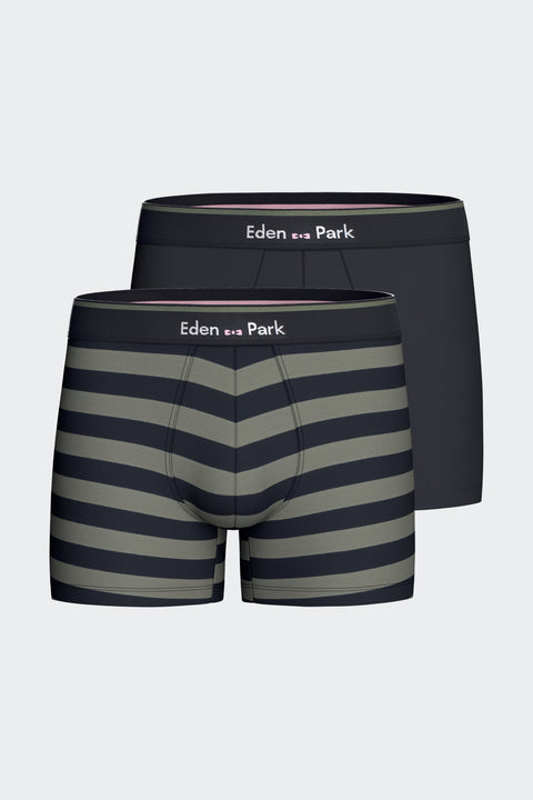 Pack of 2 plain and striped stretch cotton jersey boxers in navy and khaki - Image 1