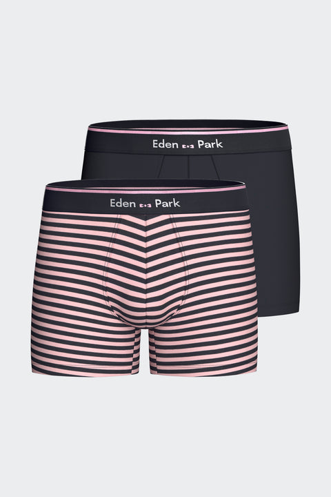 Lot de 2 boxers en jersey de coton stretch unis marine et rayures roses - Image 1