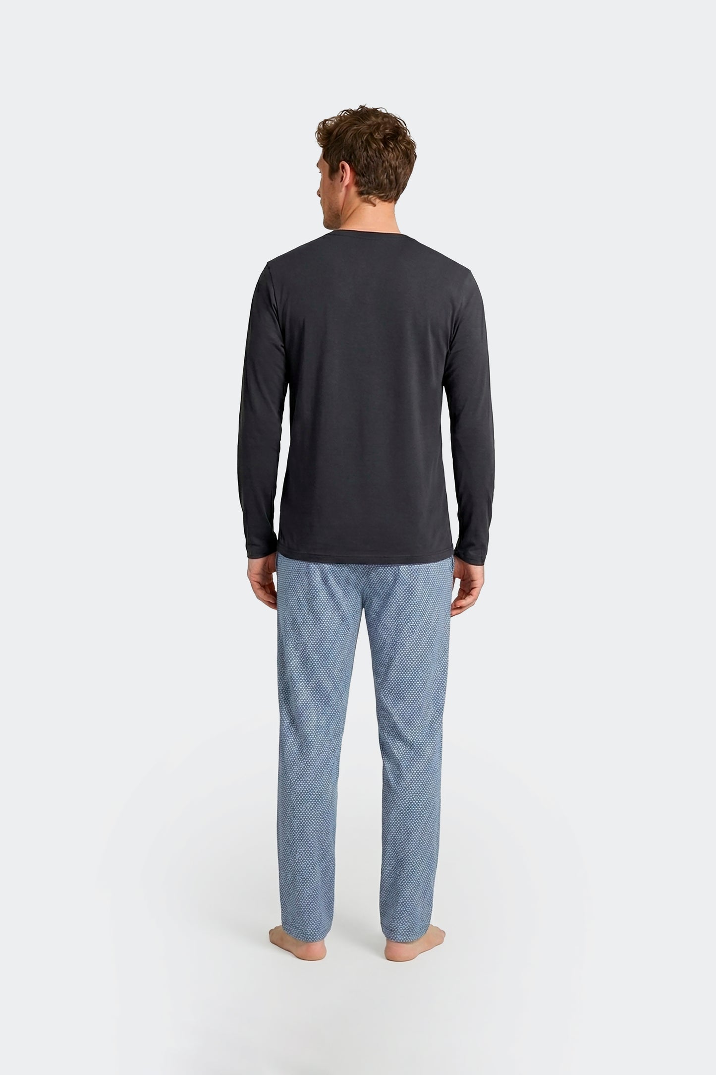 Ensemble pyjama long en coton T-shirt uni et pantalon à micromotifs pois bleu