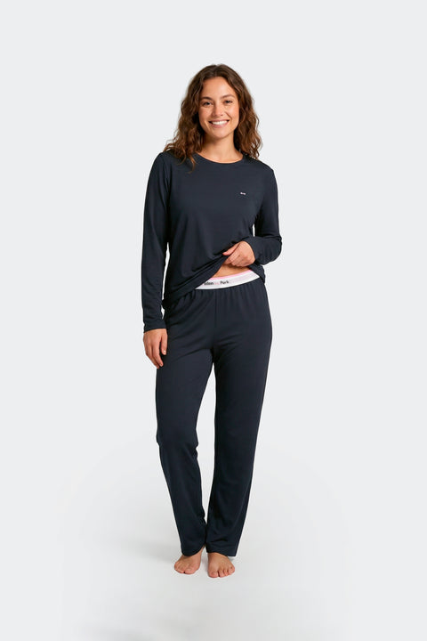 Long pajamas set in black stretch Tencel - Image 2