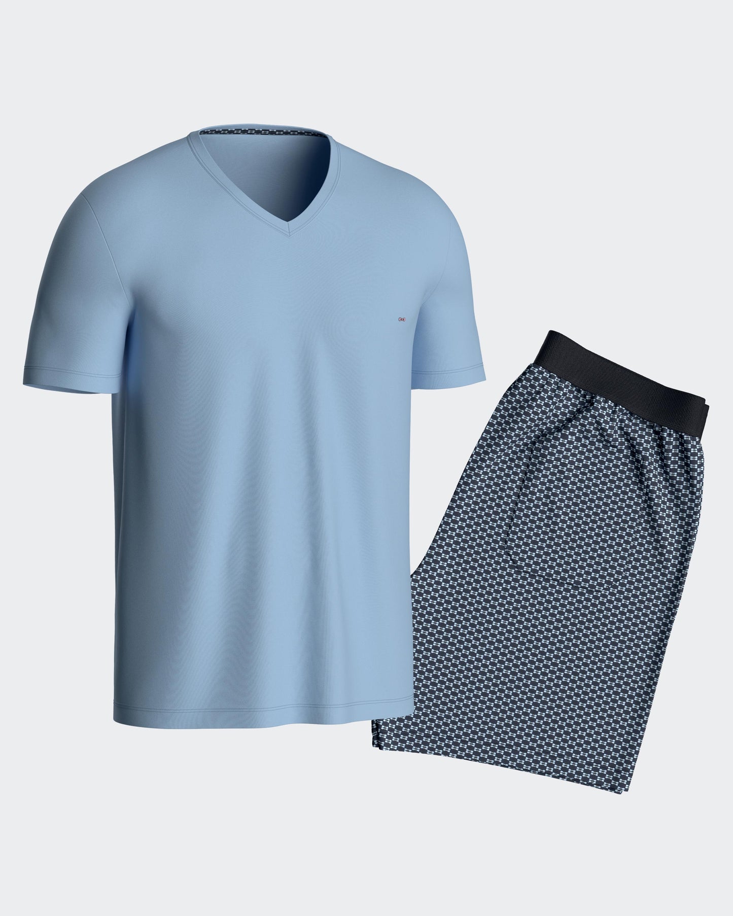 Short pyjamas in blue cotton jersey with micropatterned shorts