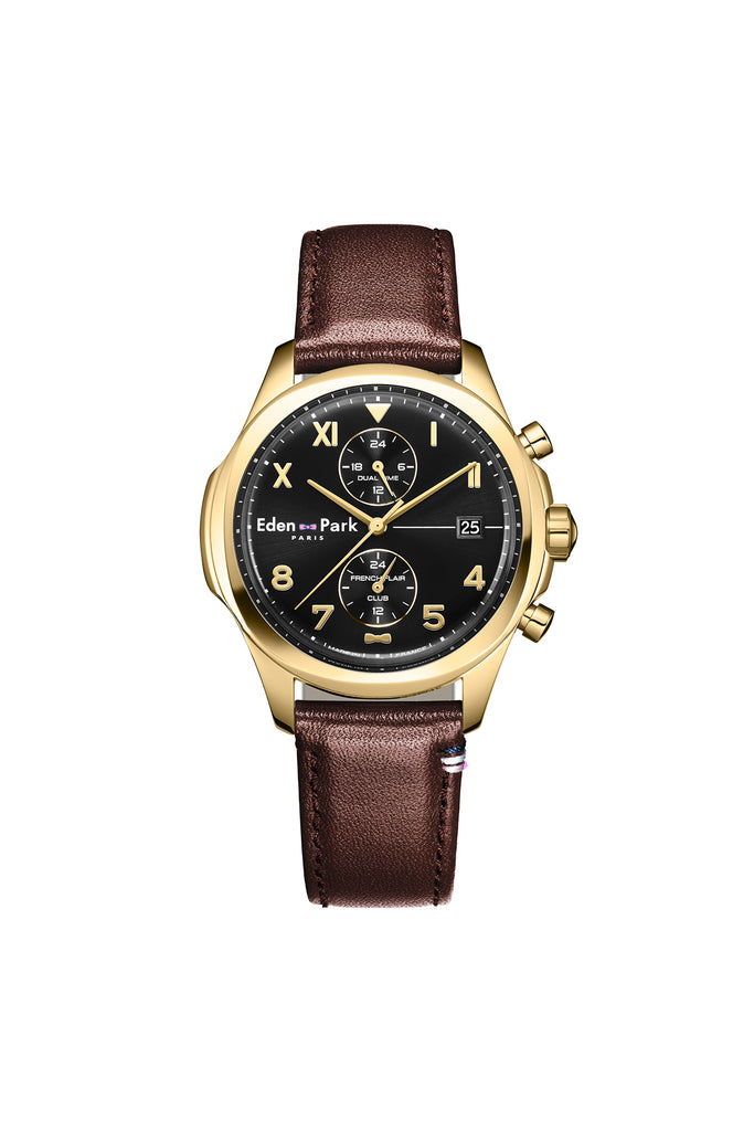 Black and gold dual time quartz watch