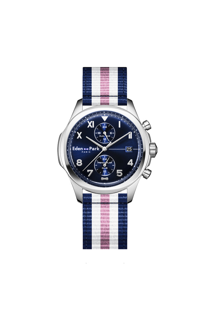 Dual time quartz watch blue background tricolor NATO strap
