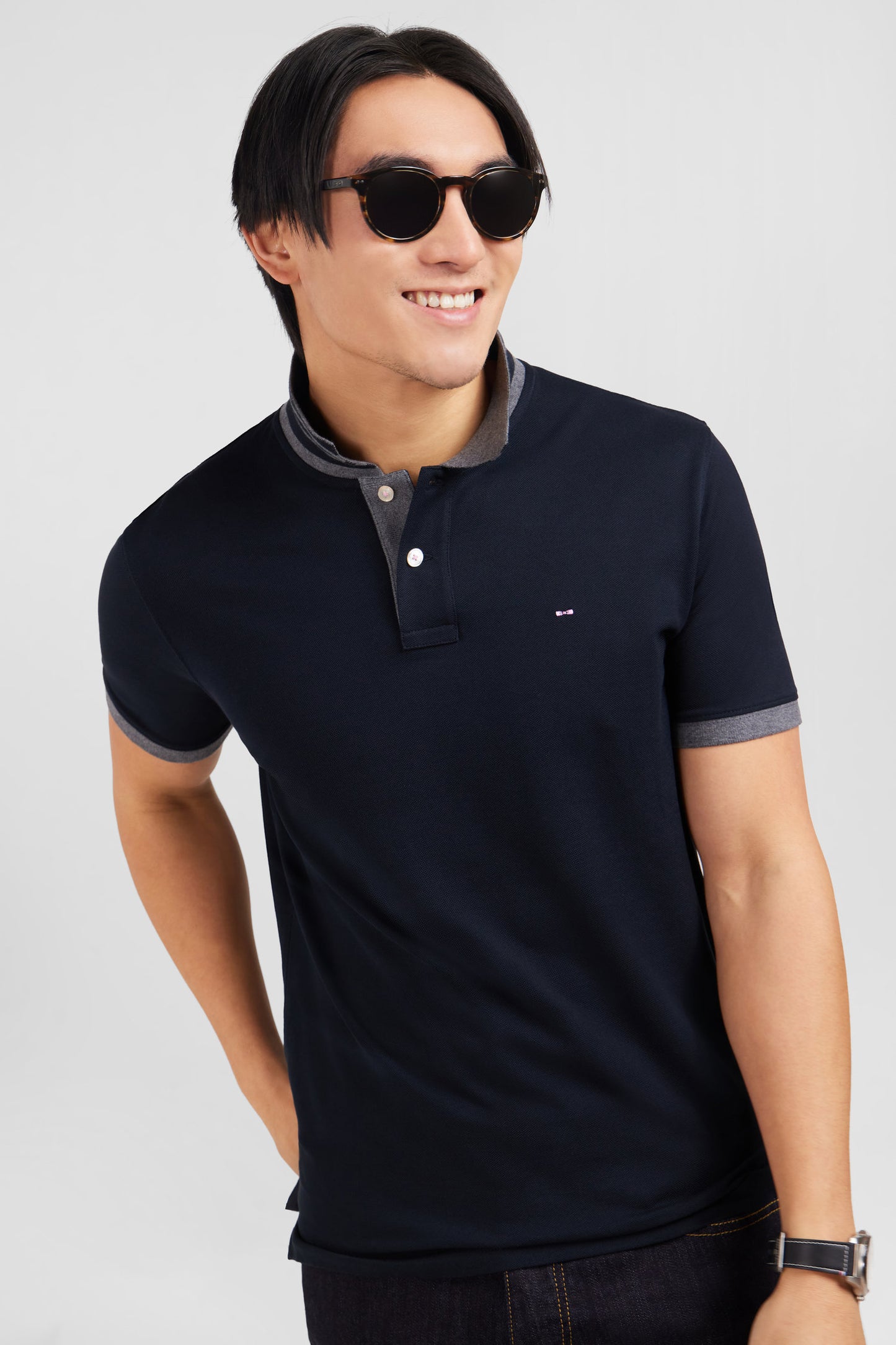 Black pima cotton polo with contrasting accents