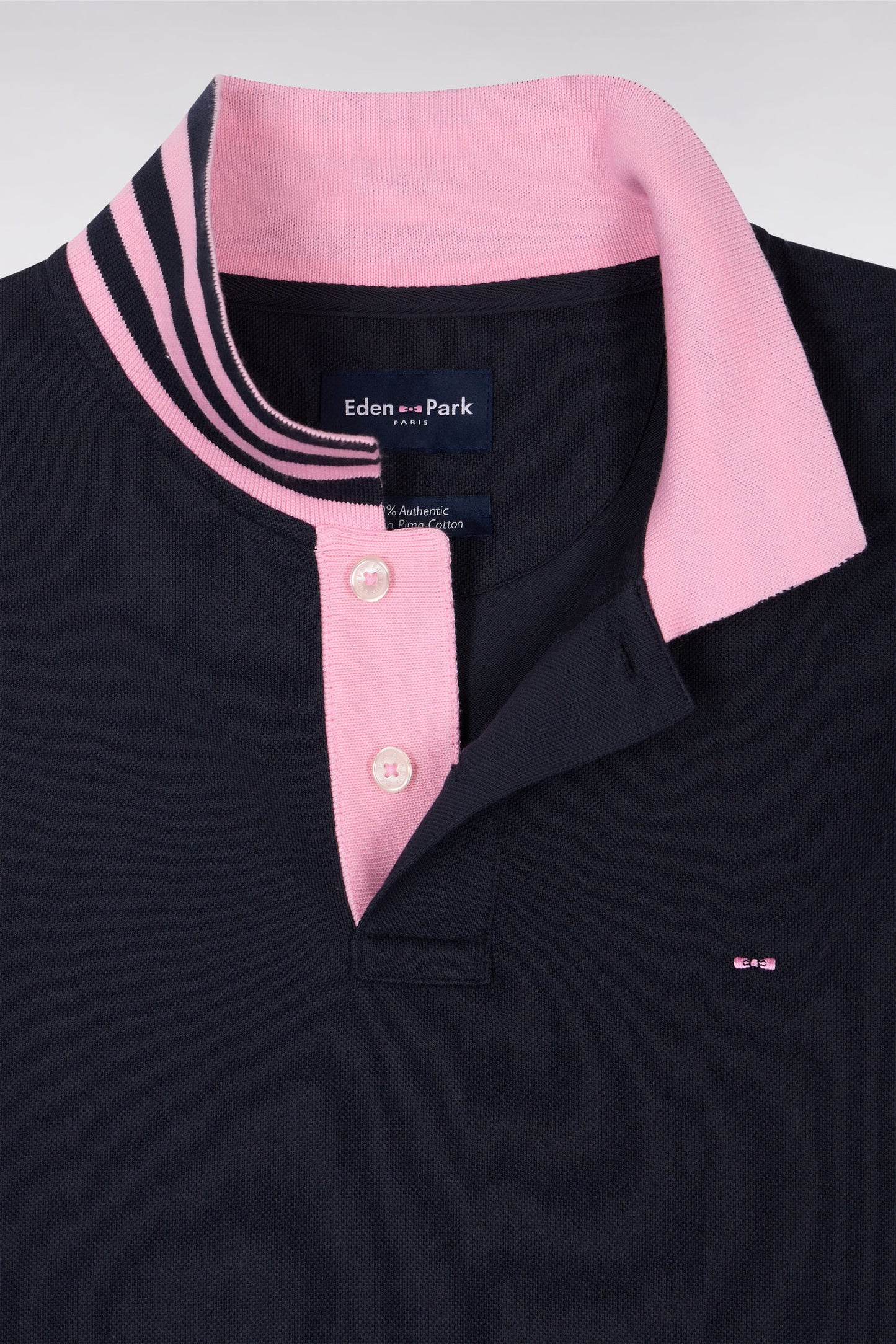 Navy blue pima cotton polo with contrasting accents