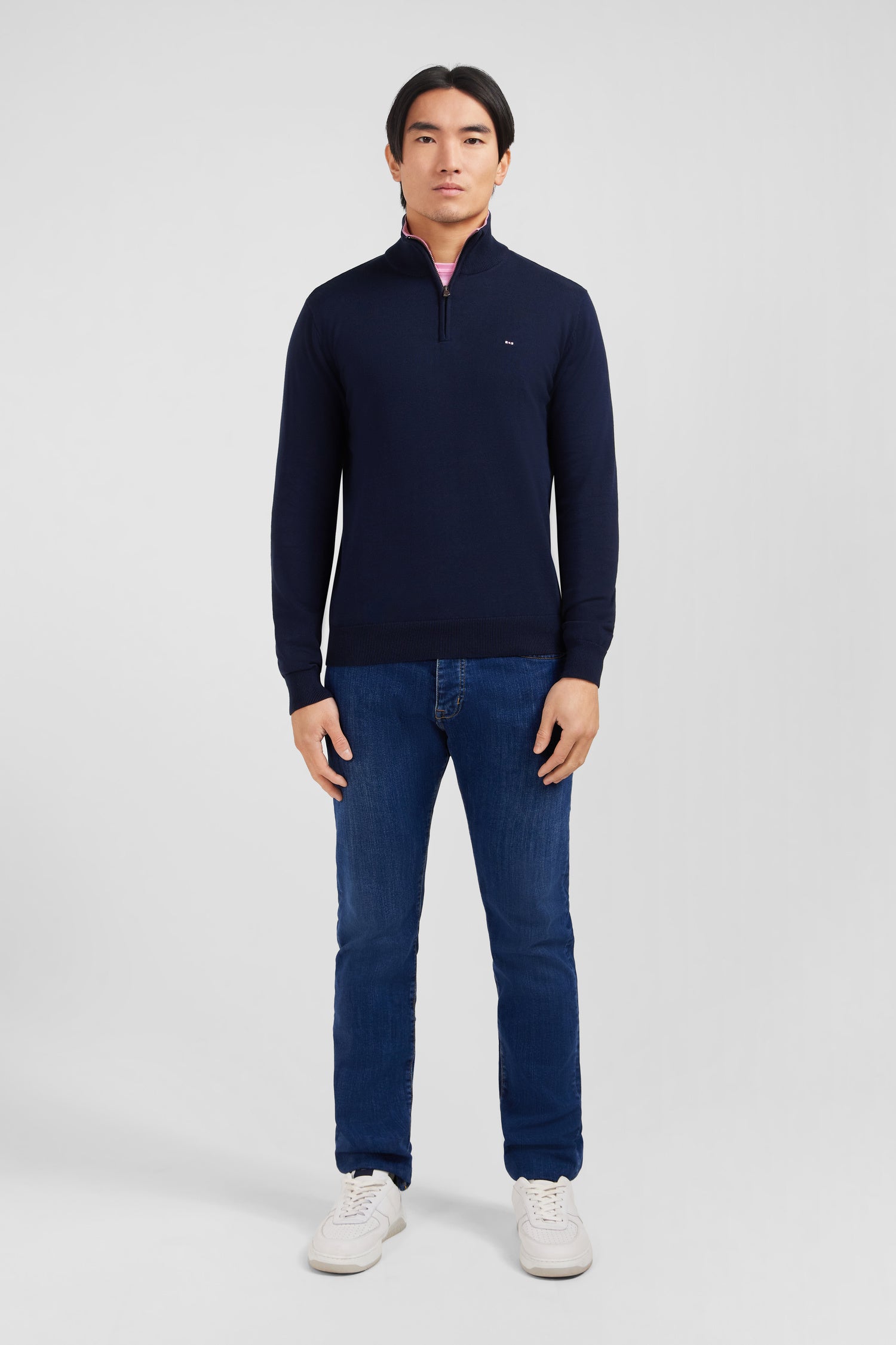 Navy blue cotton jersey jumper with trucker neck