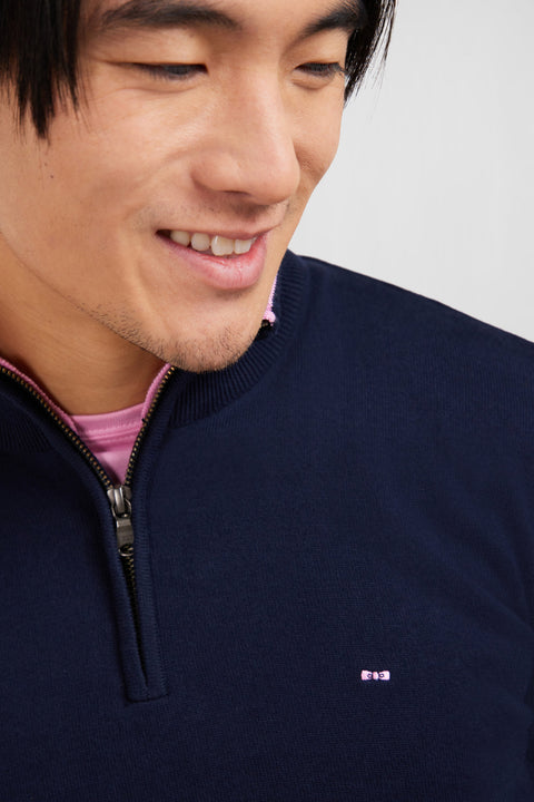 Navy blue cotton jersey jumper with trucker neck - Image 3