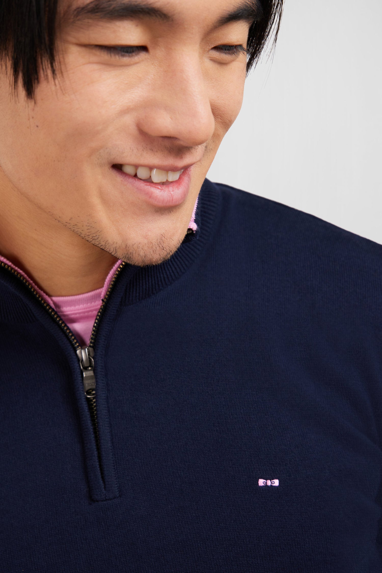 Navy blue cotton jersey jumper with trucker neck