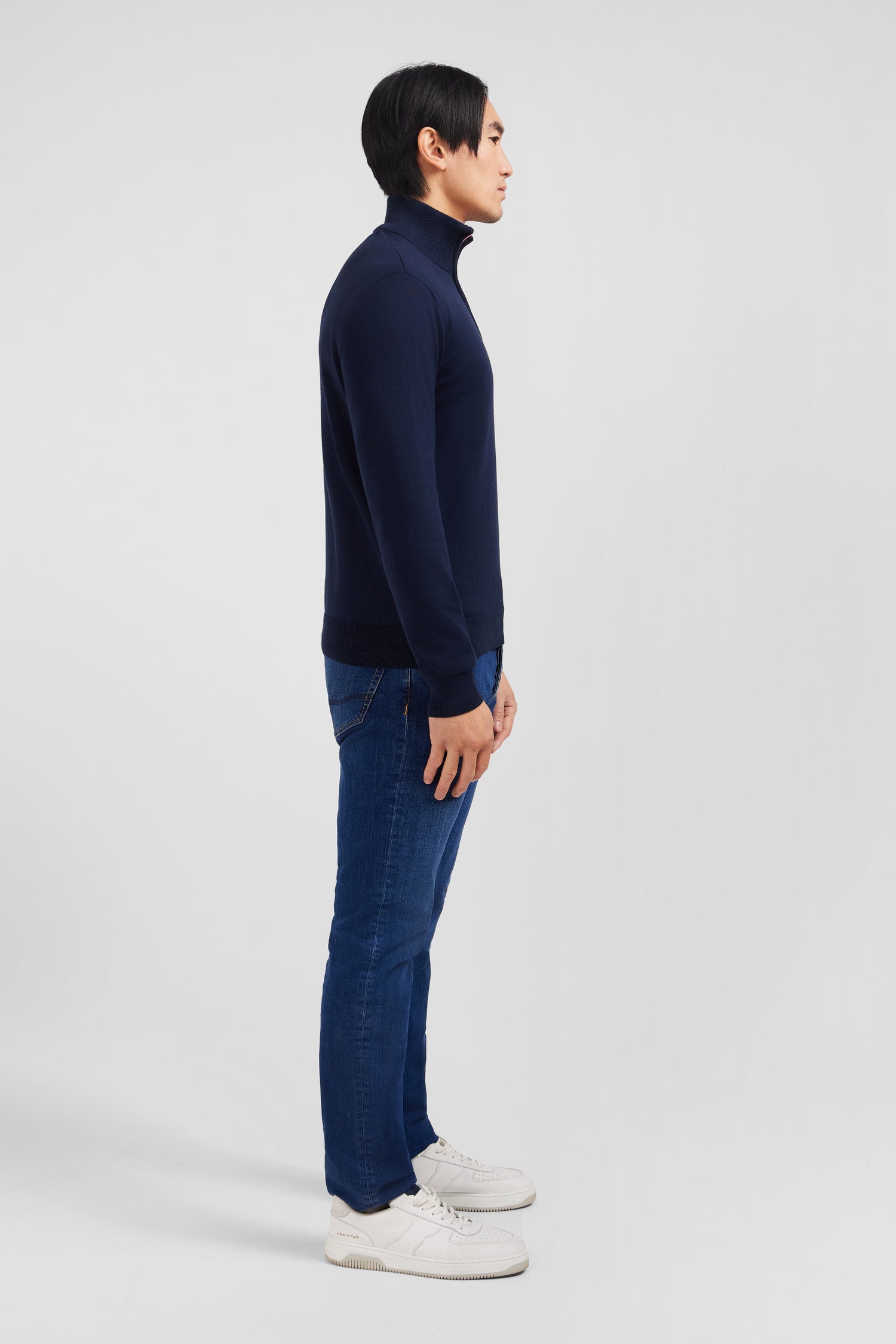 Navy blue cotton jersey jumper with trucker neck