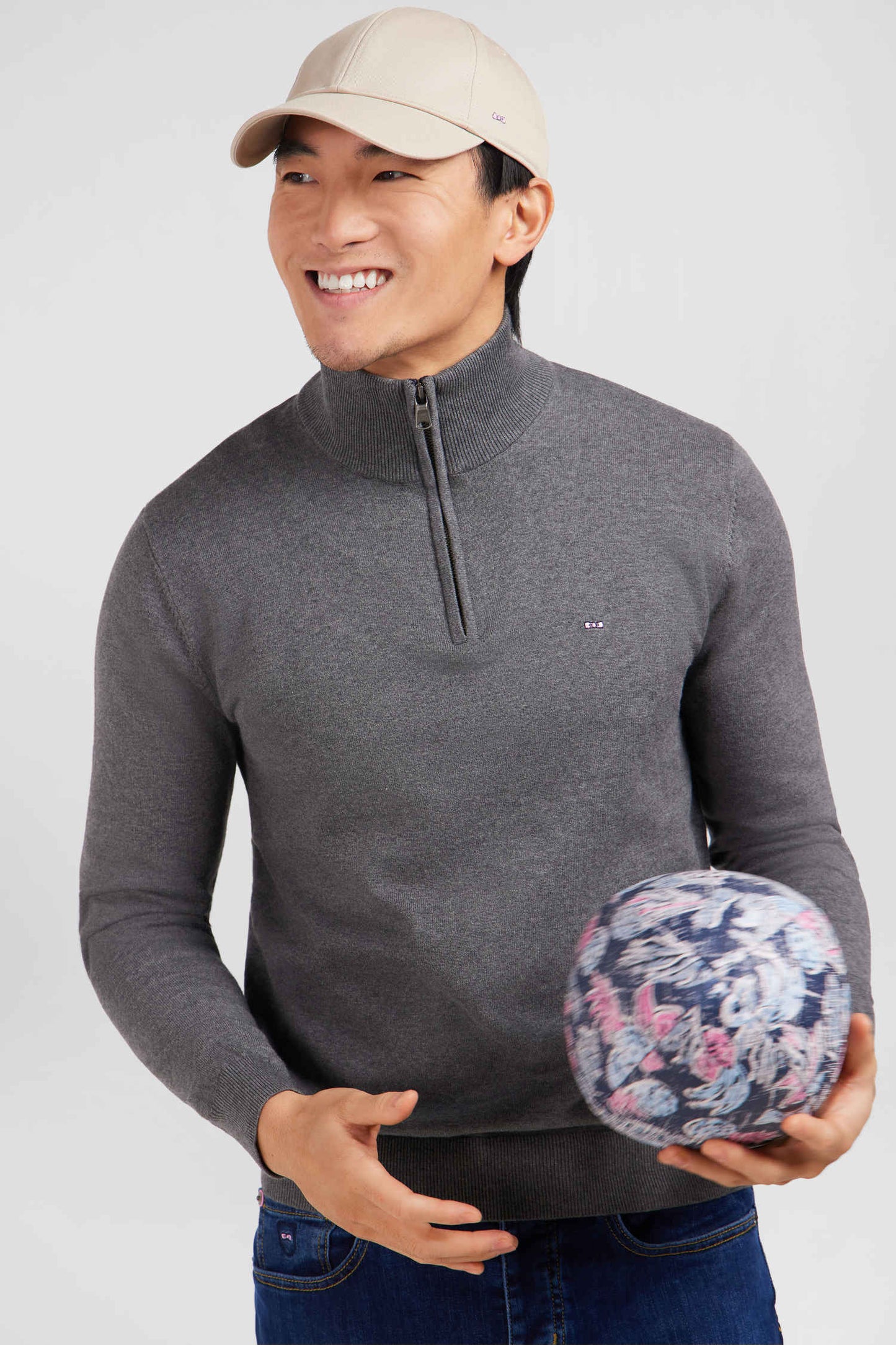 Navy blue cotton jersey jumper with trucker neck