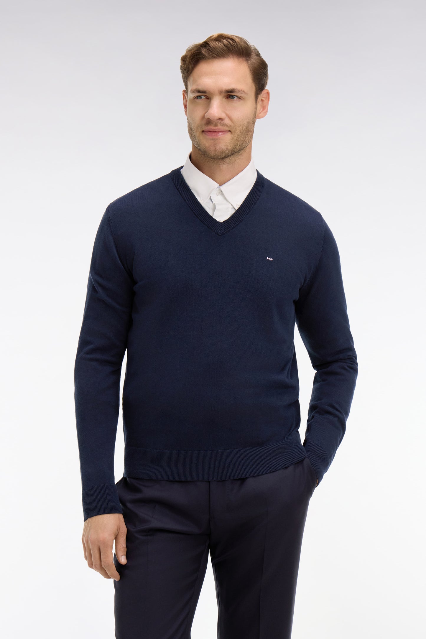Navy blue cotton V-neck sweater