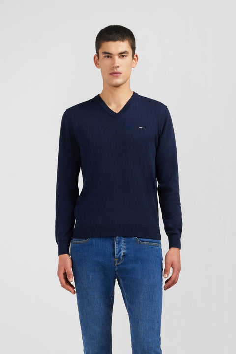 Navy blue V-neck cotton jersey jumper - Image 1