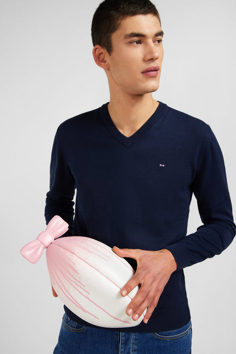 Navy blue V-neck cotton jersey jumper - Image 3