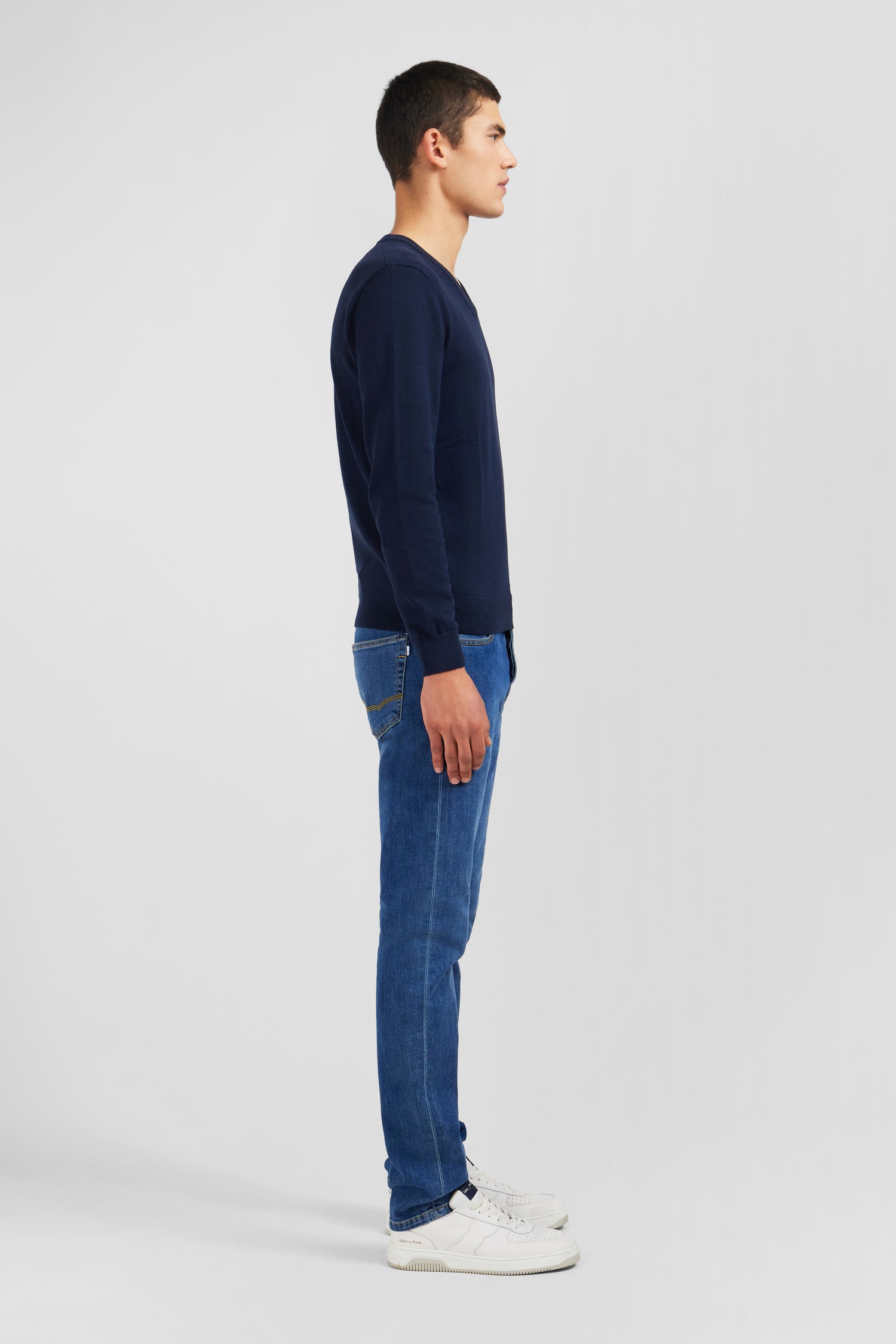 Navy blue V-neck cotton jersey jumper