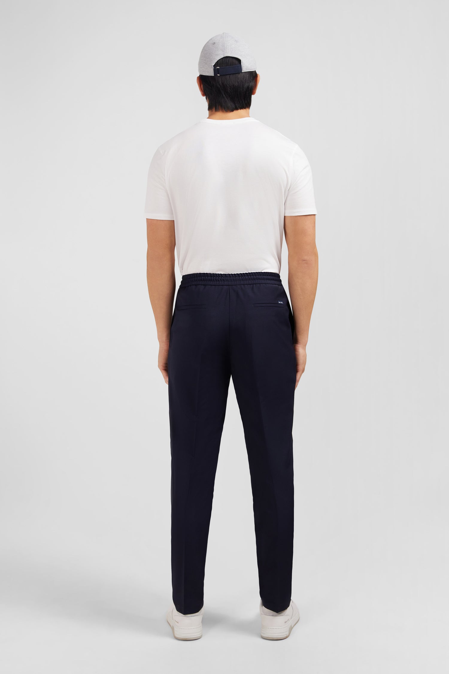 Navy blue trousers with elasticated waist