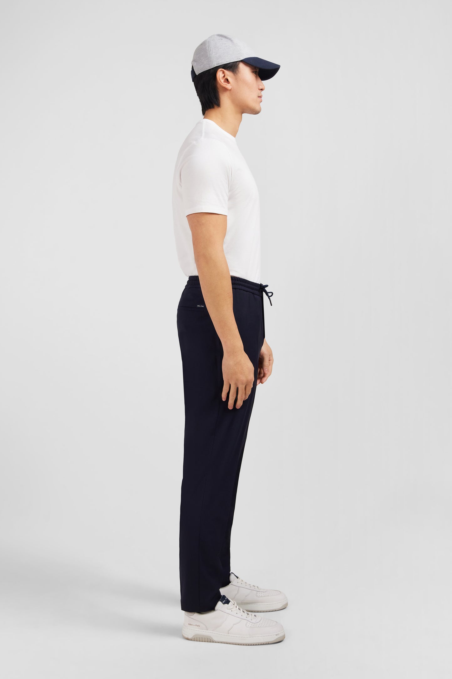 Navy blue trousers with elasticated waist