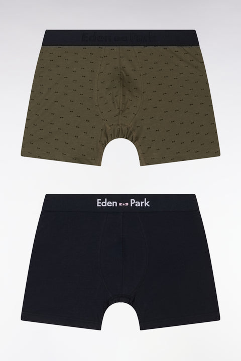 Set of two plain and printed boxer shorts in navy and khaki stretch cotton jersey - Image 1