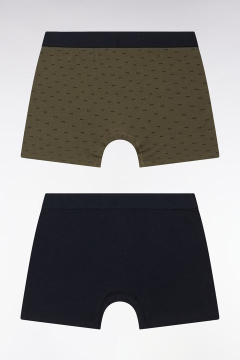 Set of two plain and printed boxer shorts in navy and khaki stretch cotton jersey - Image 2
