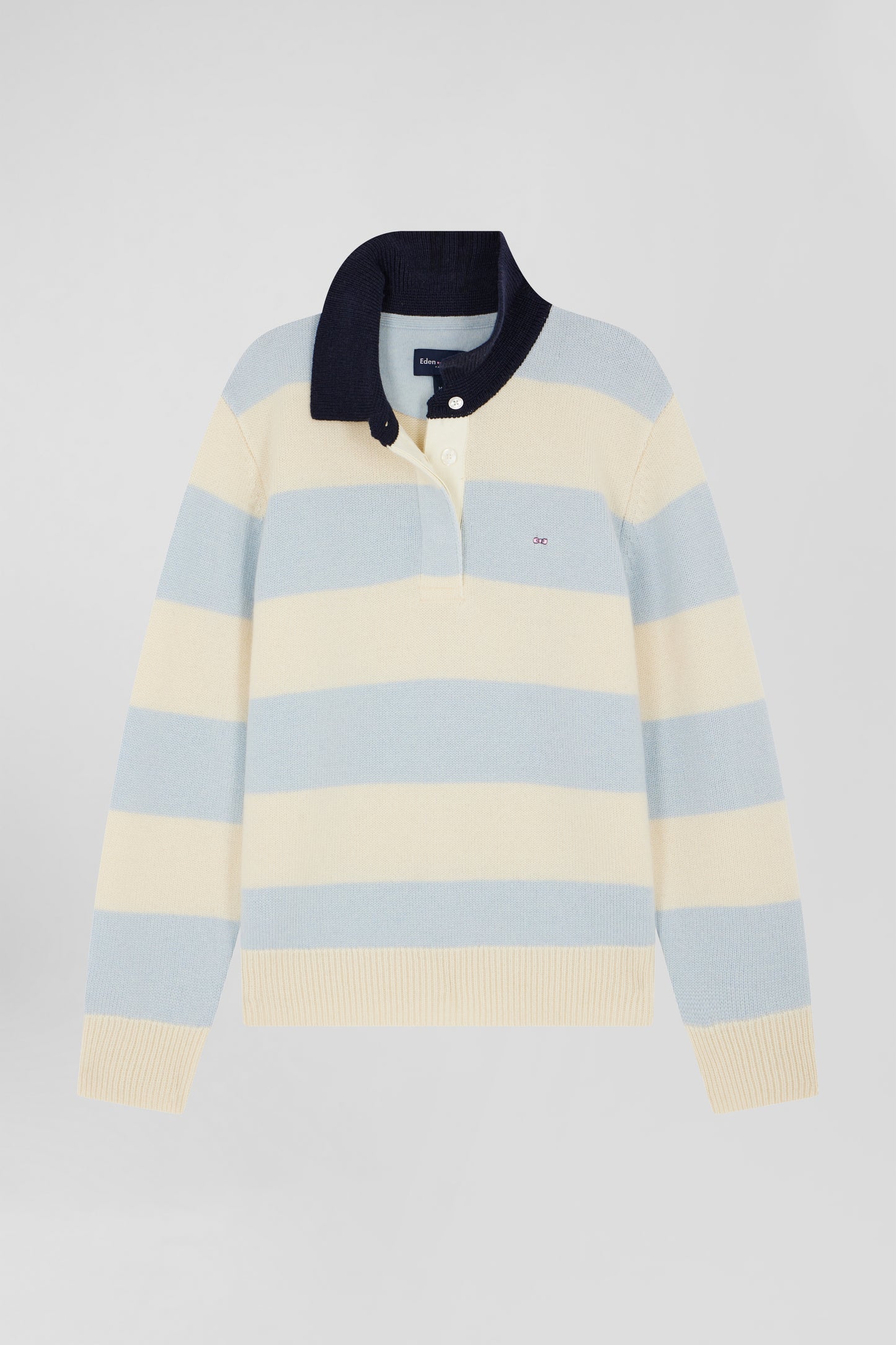 Blue and ecru striped wool and cashmere polo-neck sweater