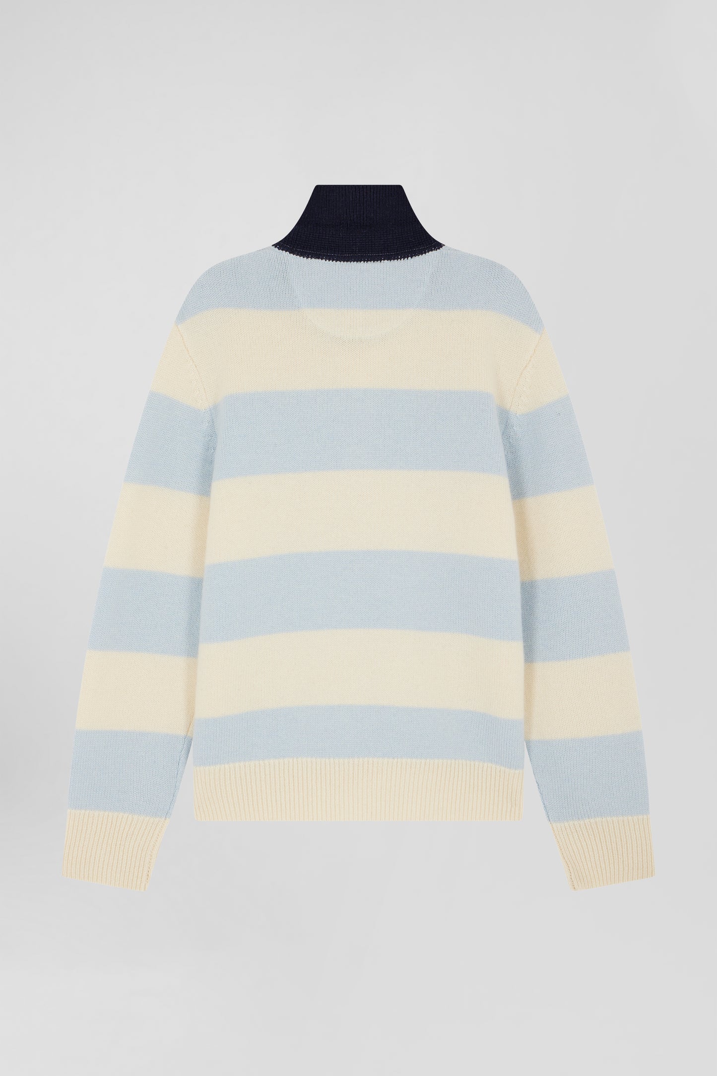 Blue and ecru striped wool and cashmere polo-neck sweater
