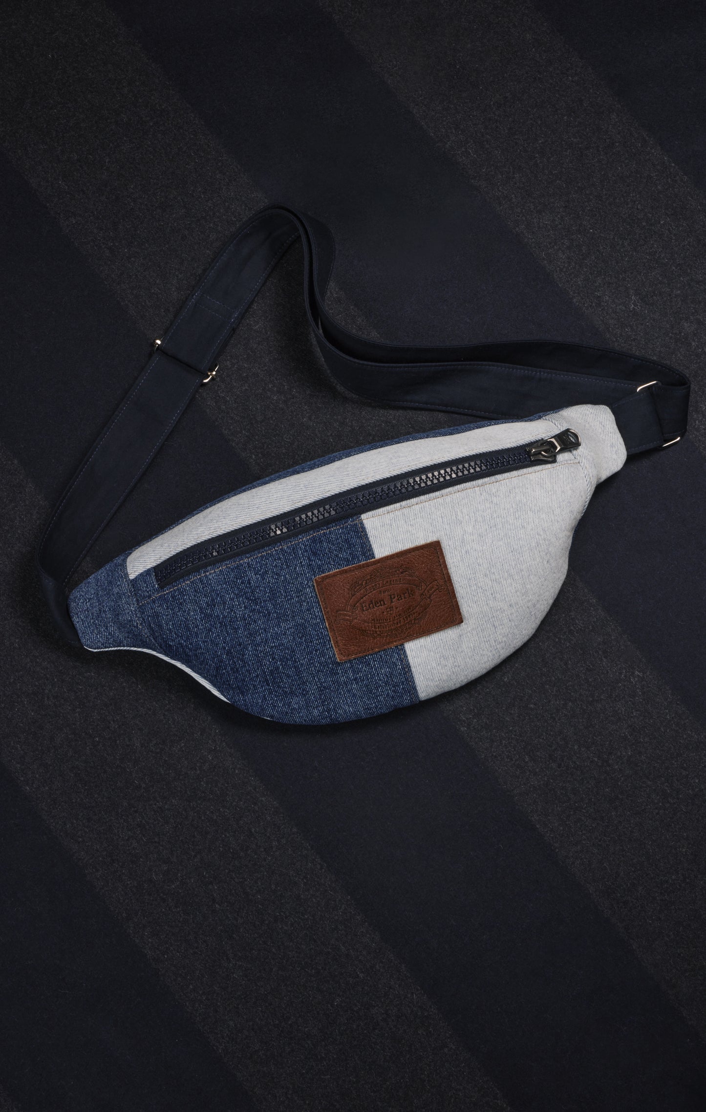 Two-tone upcycled denim fanny pack Pap'Atelier