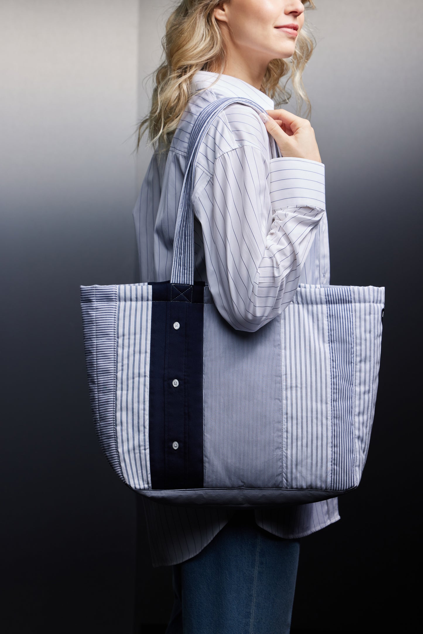 Shopping bag in upcycled striped cotton patchwork Pap'Atelier