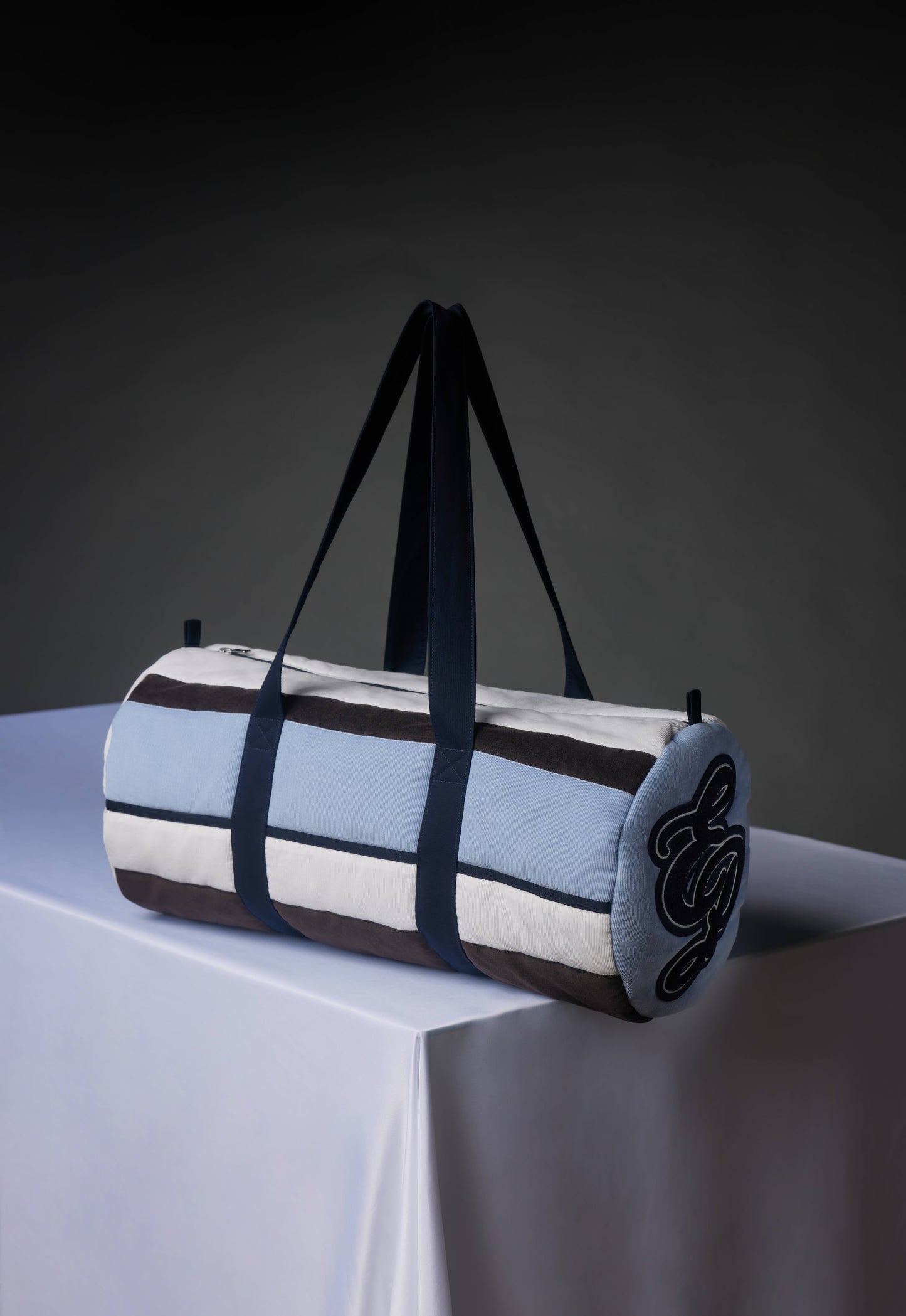 Sac polochon en velours rayé bleu upcyclé Pap'Atelier