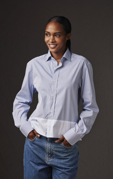 Chemise en coton rayé bleue et blanche upcyclée Pap'Atelier - Image 1