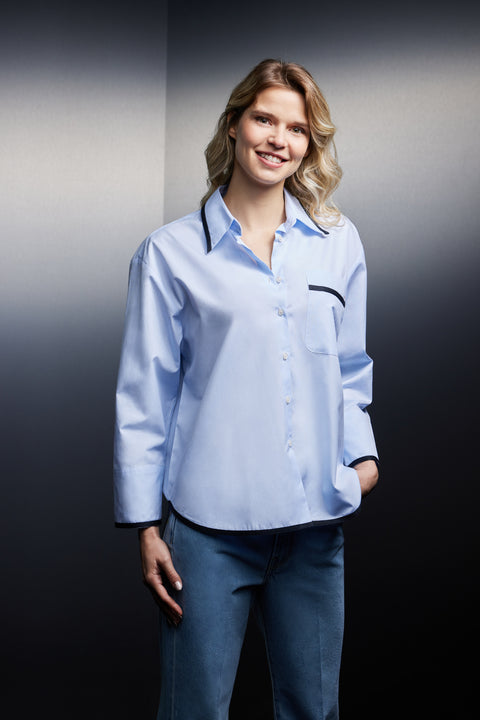 Upcycled sky cotton shirt with navy braids Pap'Atelier - Image 1