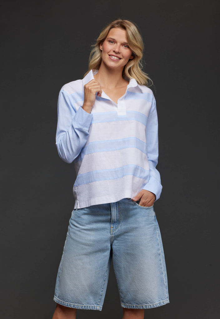 Upcycled white and blue striped cotton jersey tunic Pap'Atelier