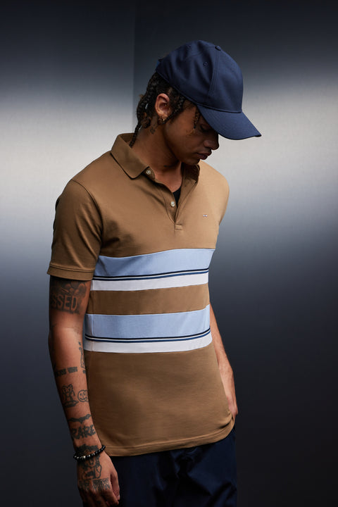 Camel cotton jersey with sky stripes cut and sewn upcycled Pap'Atelier - Image 1