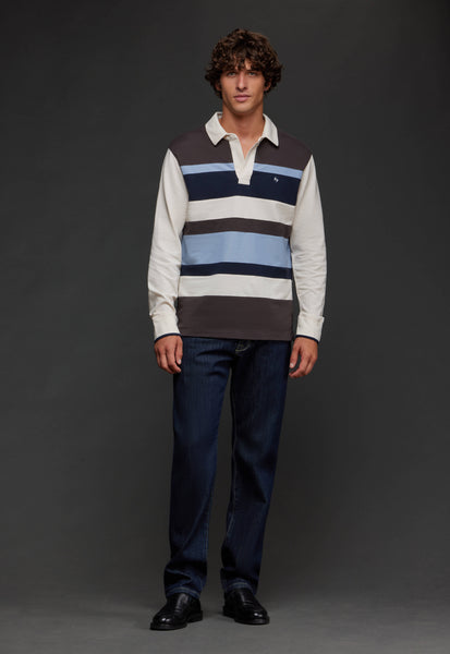 Brown, white and blue striped cotton jersey cut and sewn upcycled Pap'Atelier
