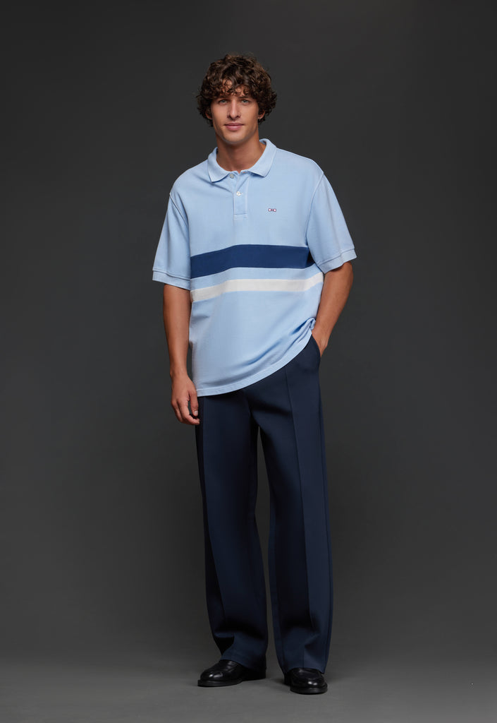 Pap'Atelier upcycled cut and sew striped sky cotton polo shirt